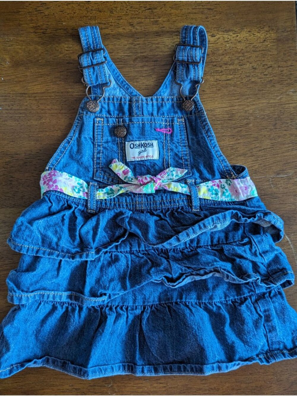 OshKosh Girls Denim Ruffle Overall Dress With Floral Belt Size 24 Months 100% Co